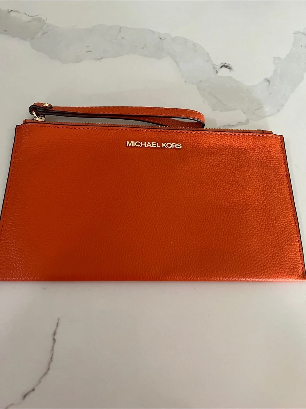 Michael Kors Pebbled Leather Wristlet Clutch Tangerine Orange Gold Tone EUC